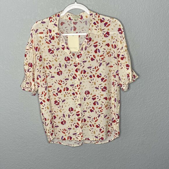See U Soon Off White Ecru Print Button Down Short Sleeve Blouse Size Small - Picture 1 of 7
